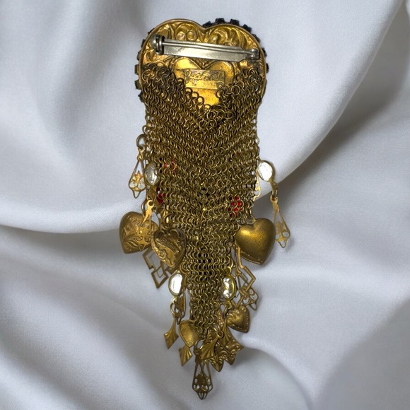 Jack Smile Vintage Brass Angel Cherub Heart & Rhinestone Brooch Pin 6" - Picture 2 of 3